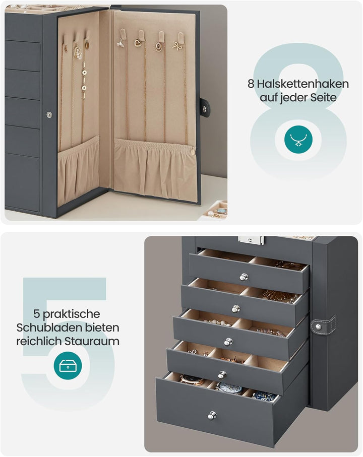 SONGMICS Schmuckkästchen 6 Ebenen, Schmuckkasten mit 5 Schubladen, viel Stauraum, innen mit Spiegel,