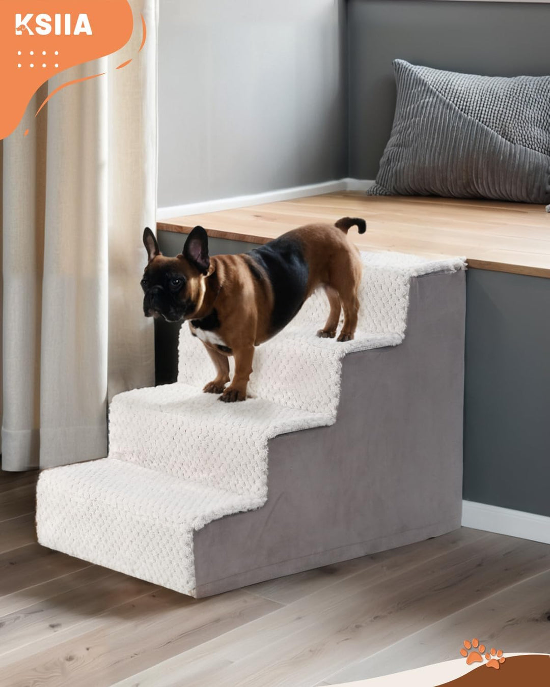 KSIIA Hundetreppe für Kleine Hunde 44cm Hoch, Haustiertreppe mit Abnehmbarem Waschbarem Bezug, Katze