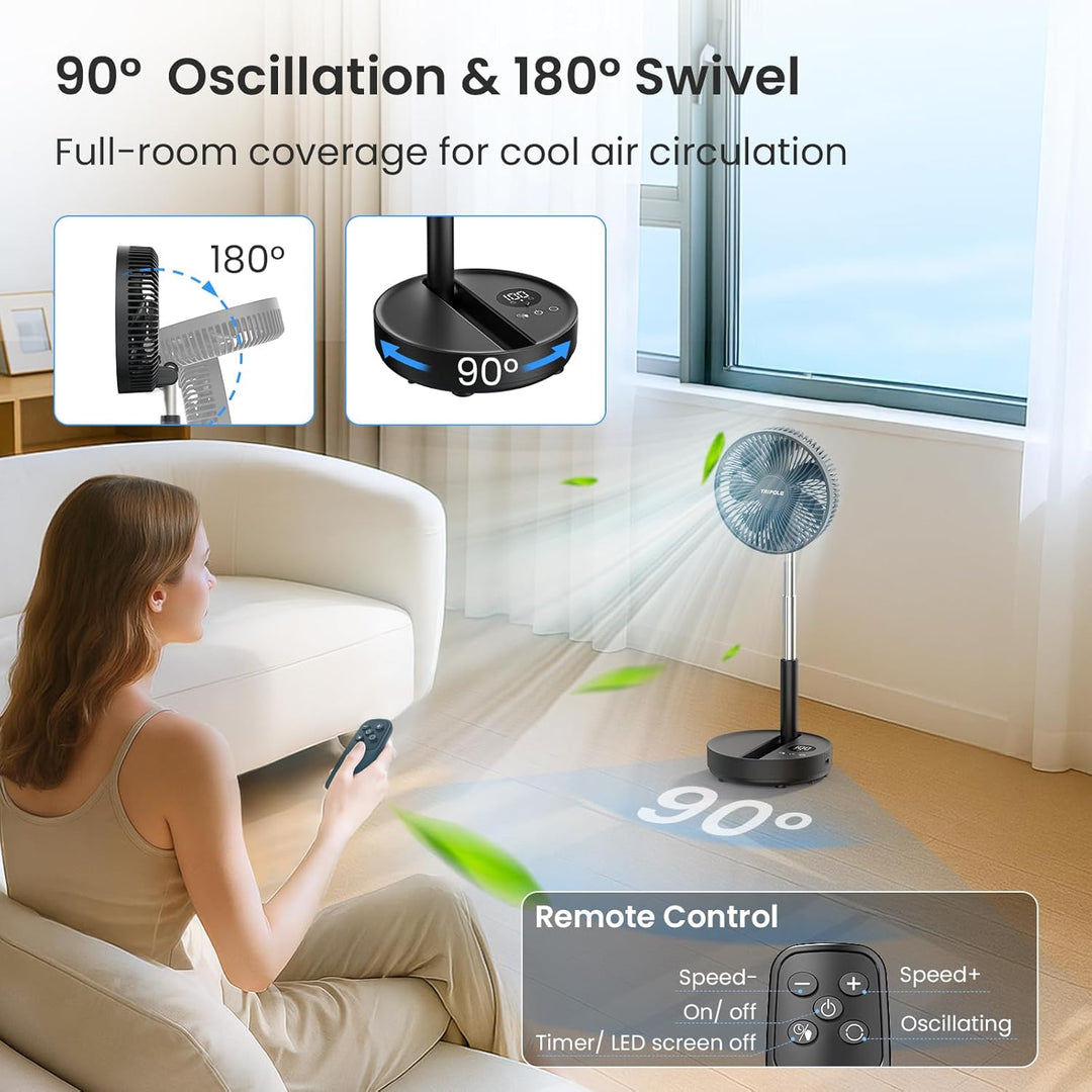 TriPole Tragbarer Standventilator mit LED-Anzeige, Akku, 28,5 Std. Laufzeit | Oszillierender Ventila