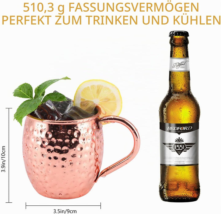 SIKITUT Moscow Mule Becher 4er Set, Handgefertigt Kupferbecher, 550ml Cocktail Set mit: 4 Hochwertig