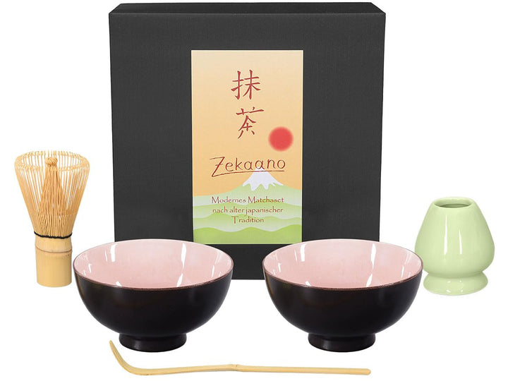 Matcha-Set 5-teilig, rosa, bestehend aus 2 Matcha-Schalen, Matcha-löffel, Matcha-Besen (Bambus) und