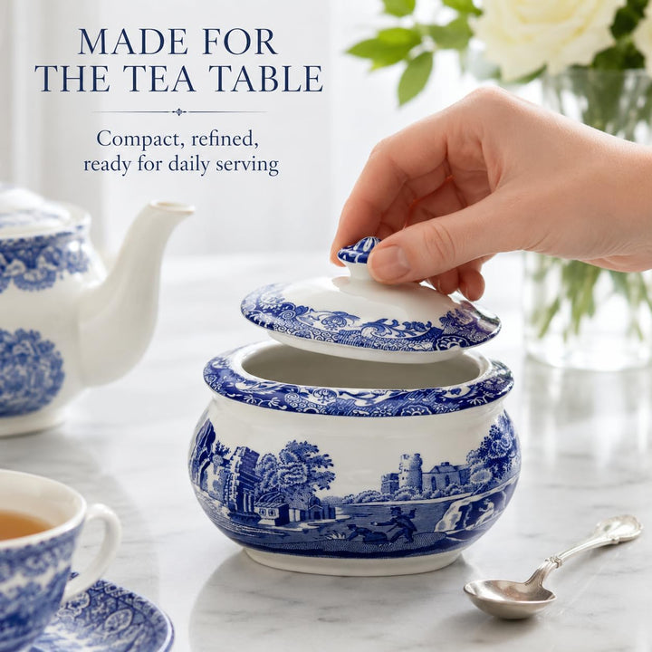 Spode Blaue italienische Zuckerdose mit Deckel.