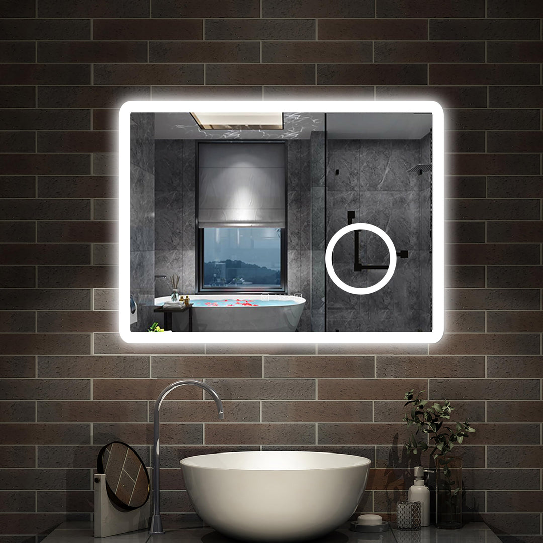Aica Sanitär LED Badspiegel 80x60cm Uhr Steckdose Schminkspiegel 3 Lichtfarbe Wandspiegel mit dimmba