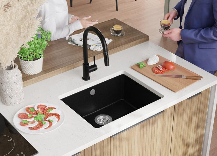 Unterbauspüle Granit Schwarz 56x44 cm, Granitspüle 1 Becken + Ablauf-Set + Küchenarmatur, Küchenspül