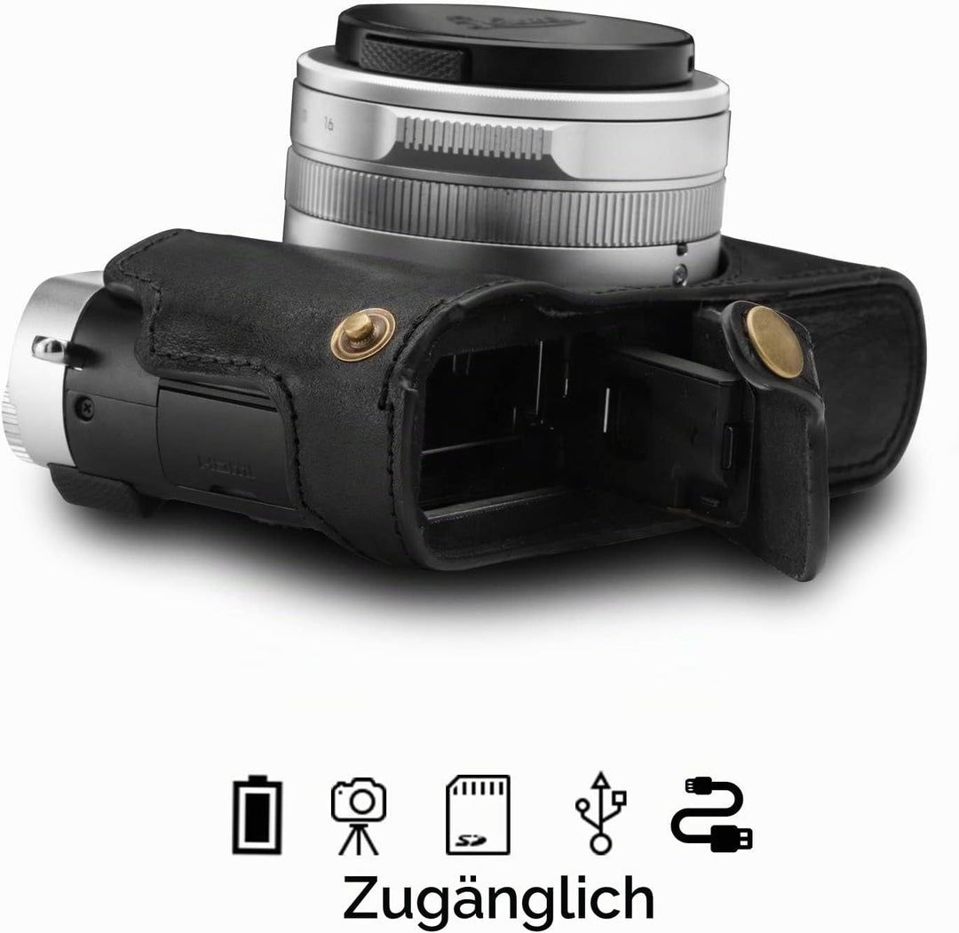 MegaGear MG1603 Leica D-Lux 7 Ever Ready Echtleder Kamera-Halbtasche mit Trageriemen - Schwarz, Schw