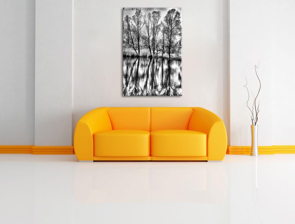 Pixxprint Monocrome, Bäume spiegeln Sich im Wasser, Format: 100x70 auf Leinwand, 100x70