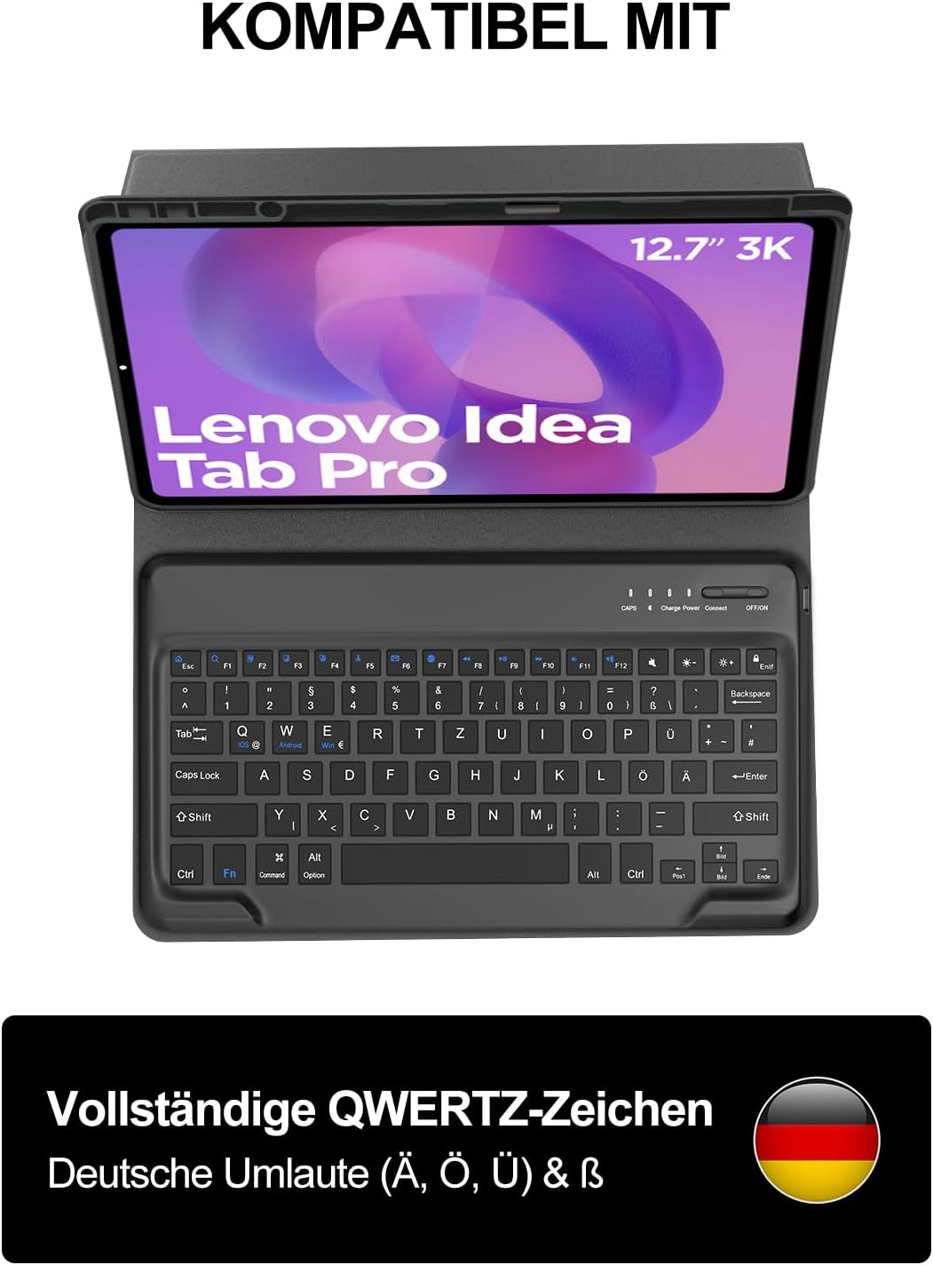 JADEMALL Hülle mit Tastatur für Lenovo Idea Tab Pro 12,7" (2025), Abnehmbare QWERTZ Bluetooth Tastat