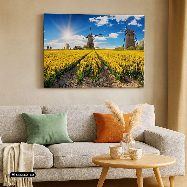 Bilder auf Leinwand 100x70cm Leinwandbild Tulpen Windmühle Wiese Landschaft Gross Wanddeko Bild Schl