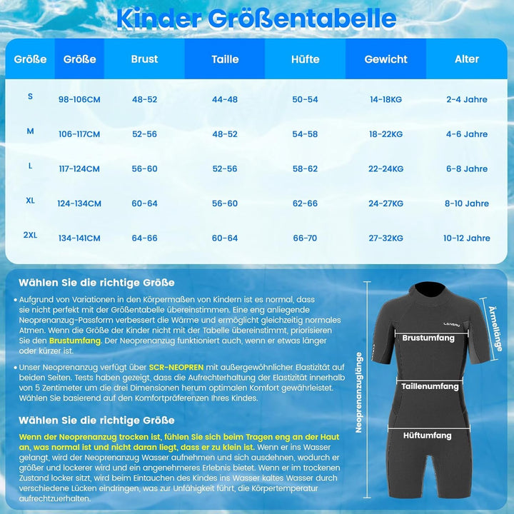 Neoprenanzug Kinder in 3MM, UPF50+ Neopren Lang Schutz vor Sonnenbrand, bequemer Frontreissverschlus