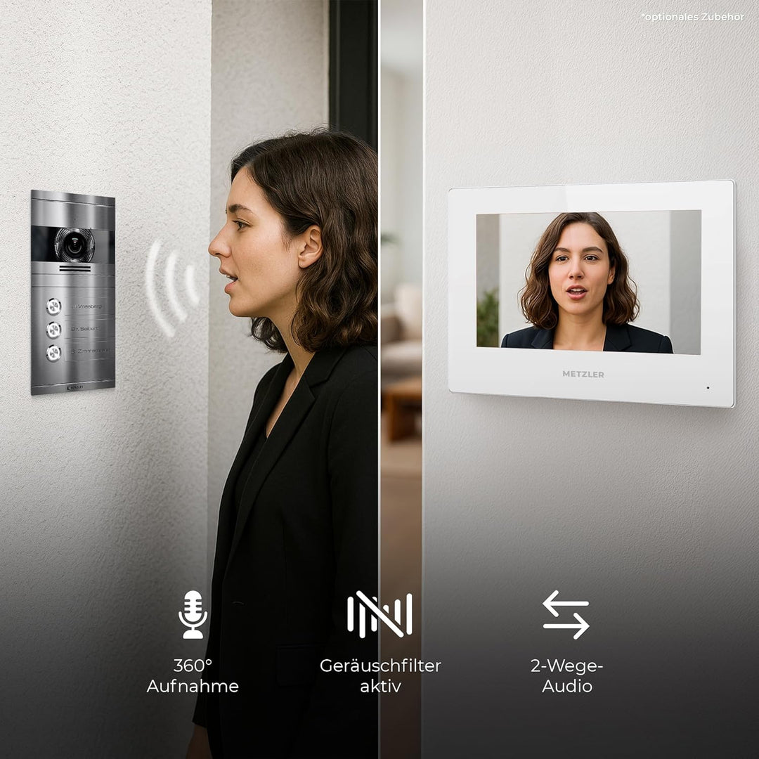 Metzler Video Türsprechanlage 3 Familienhaus | Türklingel mit Kamera FullHD | Opt. 7" Monitor | Smar