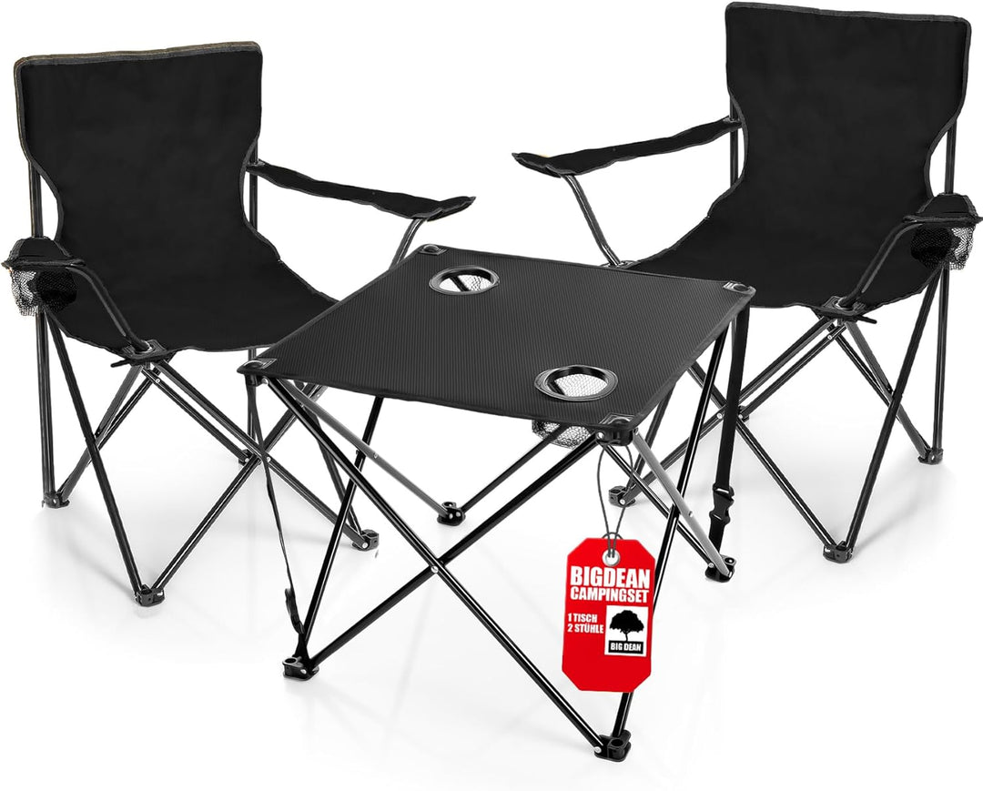 BigDean 2 Stück Campingstühle & Campingtisch faltbar – Faltstuhl in Schwarz mit Getränkehalter & Tra