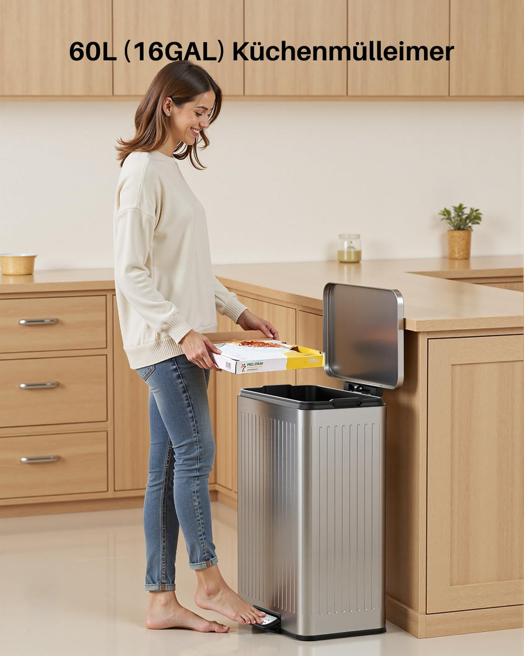 lovewind 60L Mülleimer Küche Edelstahl Silber, Pedal-Behälter mit Soft-Close Deckel, 2 herausnehmbar