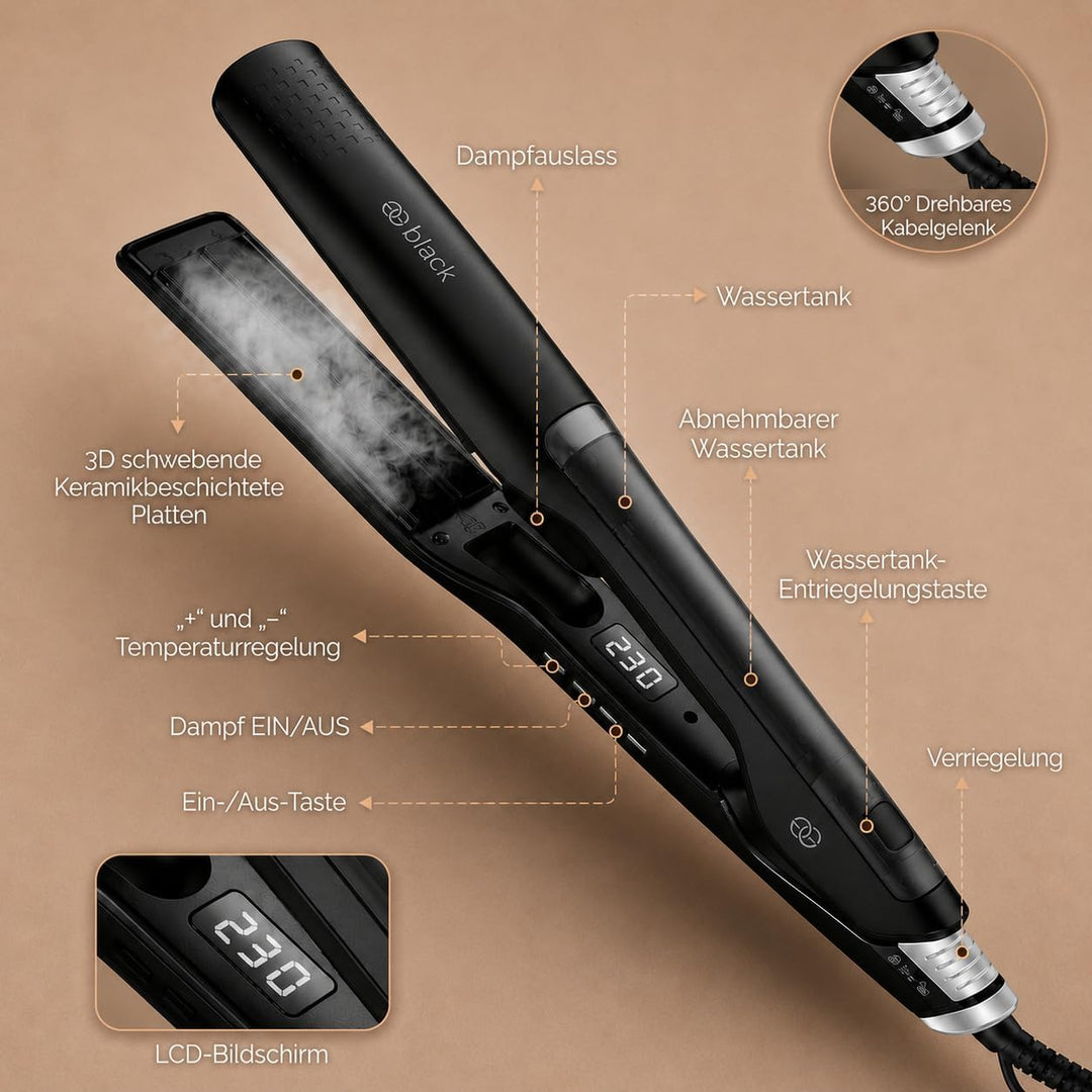 Glätteisen 2-in-1 Professionelles Haarglätter Lockenstab Golden Goods - Dampf & 42mm Breite Titanpla