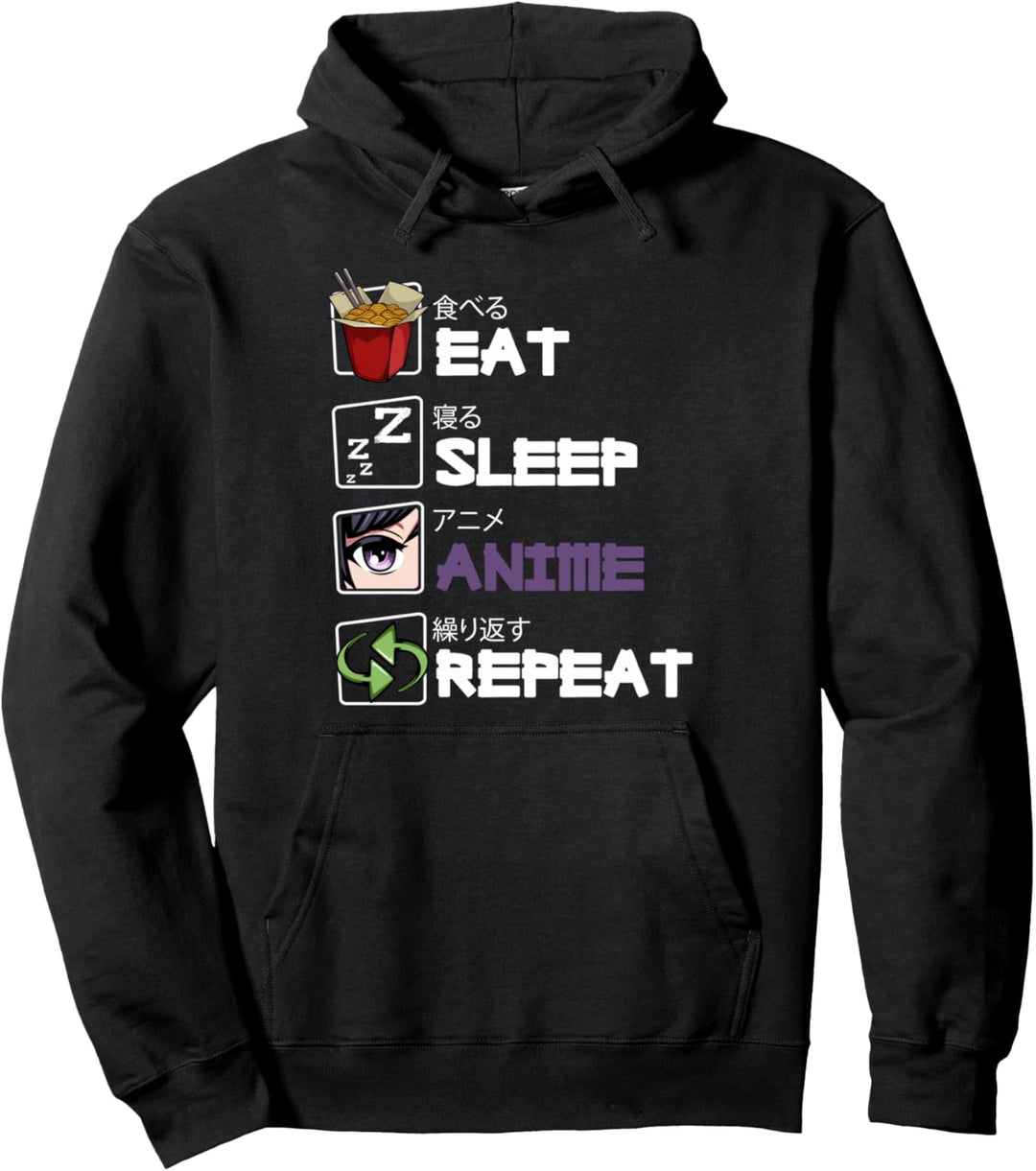 Eat Sleep Anime Repeat Kawaii Otaku Manga Japan Fan Kanji Pullover Hoodie