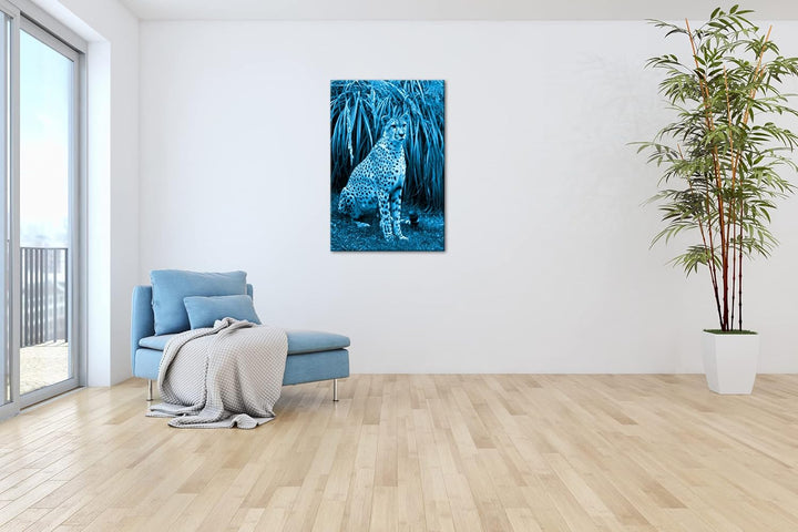 deyoli sitzender Gepard Format 60x40 Effekt: Monocrome Blau als Leinwandbild, Motiv fertig gerahmt a