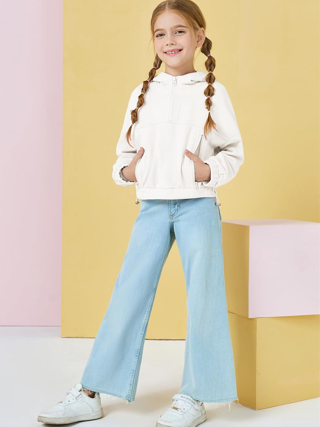 Haloumoning Mädchen Hälfte Zip Up Hoodies Kinder Mode lose Hooded Sweatshirts mit Taschen 3-14 Jahre
