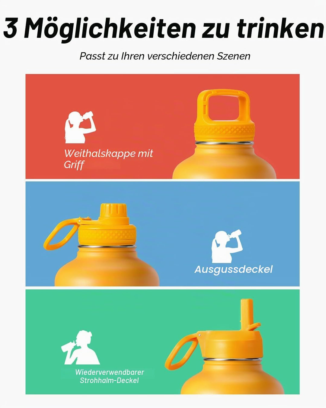 Coolflask Isolierte Wasserflasche mit Strohhalm und 3 Deckeln, 1,8 l Wasserkrug, grosser Metall-Edel