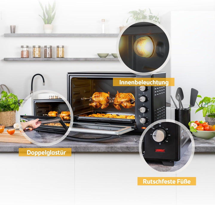 TZS First Austria Minibackofen, 2000 Watt, 60L, mit Innenbeleuchtung, Umluft-Funktion, Drehspiess fü