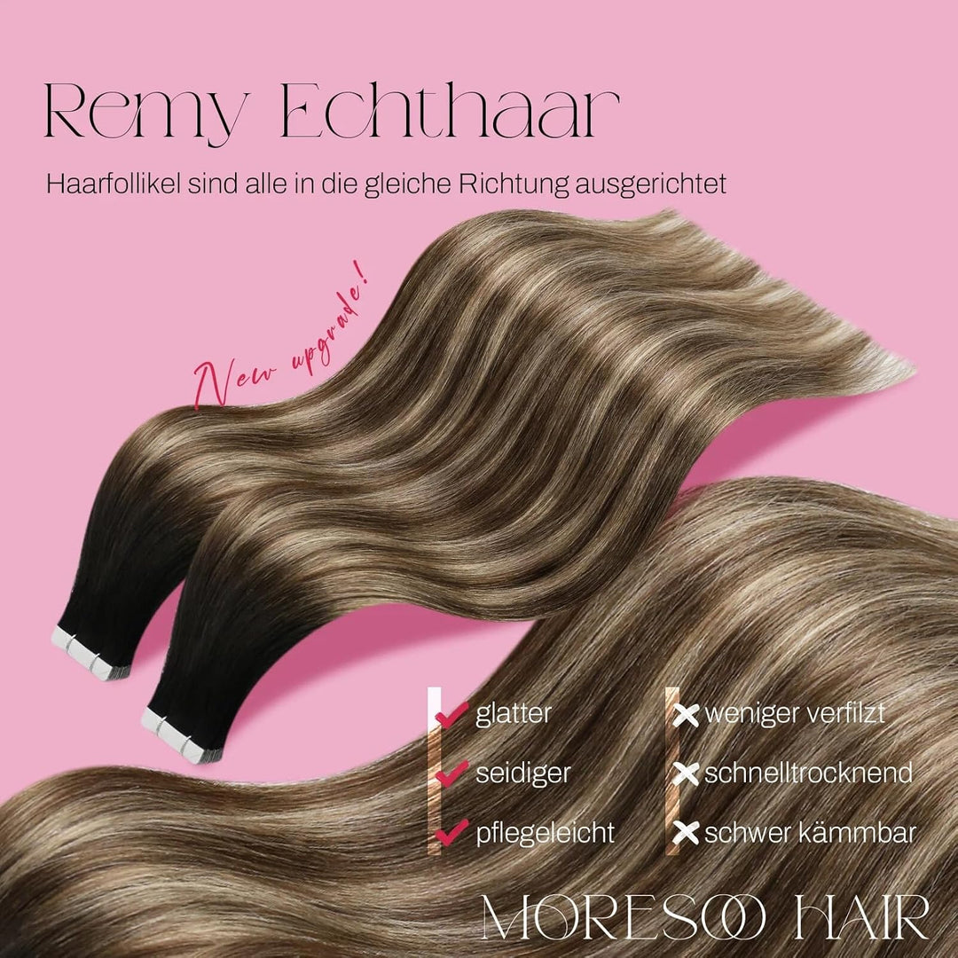 Moresoo Unsichtbare Tape Extensions Echthaar Dunkelbraune Hair Extensions Tape in 45 cm Schwarz bis