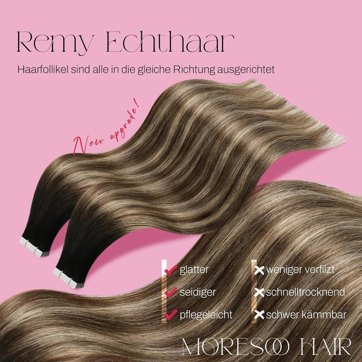 Moresoo Unsichtbare Tape Extensions Echthaar Dunkelbraune Hair Extensions Tape in 45 cm Schwarz bis