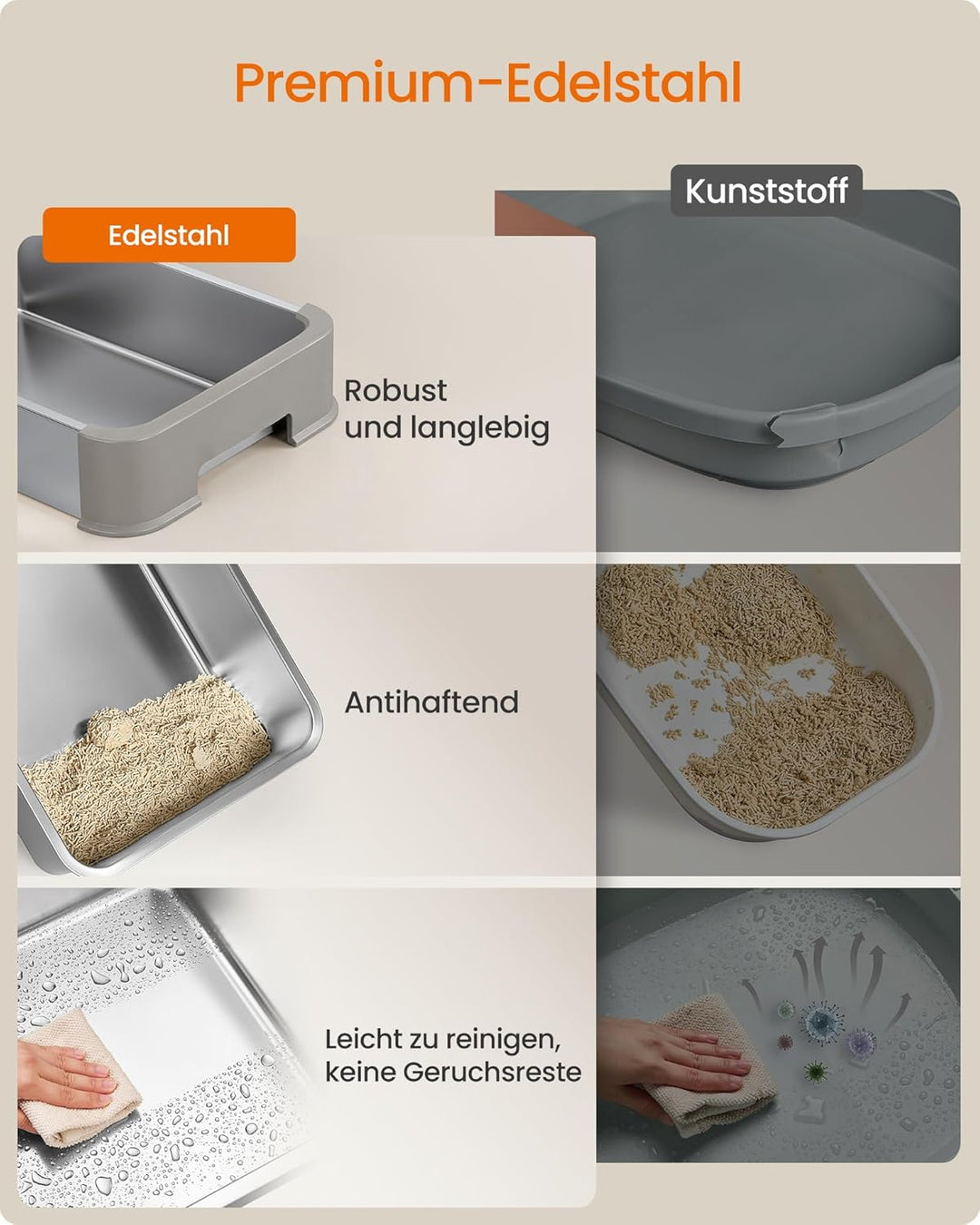 Feandrea Katzenklo Edelstahl, Katzentoilette, mit Deckel, ausziehbares Tablett, Schaufel, Bürste, fü