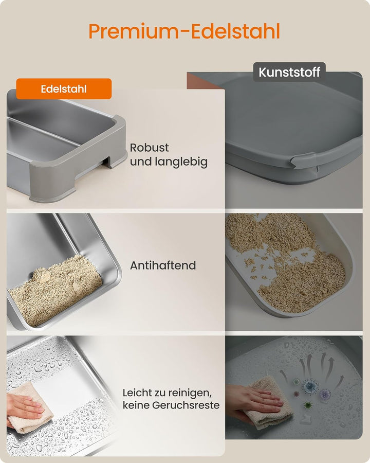 Feandrea Katzenklo Edelstahl, Katzentoilette, mit Deckel, ausziehbares Tablett, Schaufel, Bürste, fü