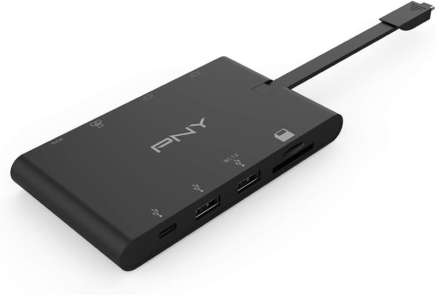 PNY All-In-One USB-C Mini Docking Station mit integriertem USB-C-Kabel mit 2xUSB-C, 2xUSB-A 3.1, 1xH