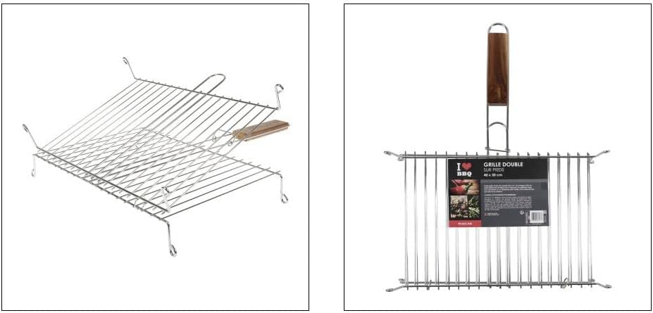 ruecab 1086 Grillguthalter Doppel auf Füsse Edelstahl Griff Holz silber 30x40cm Grillfläche