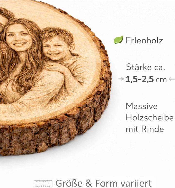 Personalisierte Holzscheibe mit Foto und Wunschtext - 13-15 cm - gravierte Baumscheibe aus Erlenholz