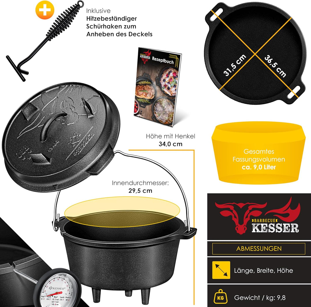 KESSER® Dutch Oven Set BBQ 9 Liter, Feuertopf Schmortopf mit Füssen, Gusseisen Topf mit Deckelheber