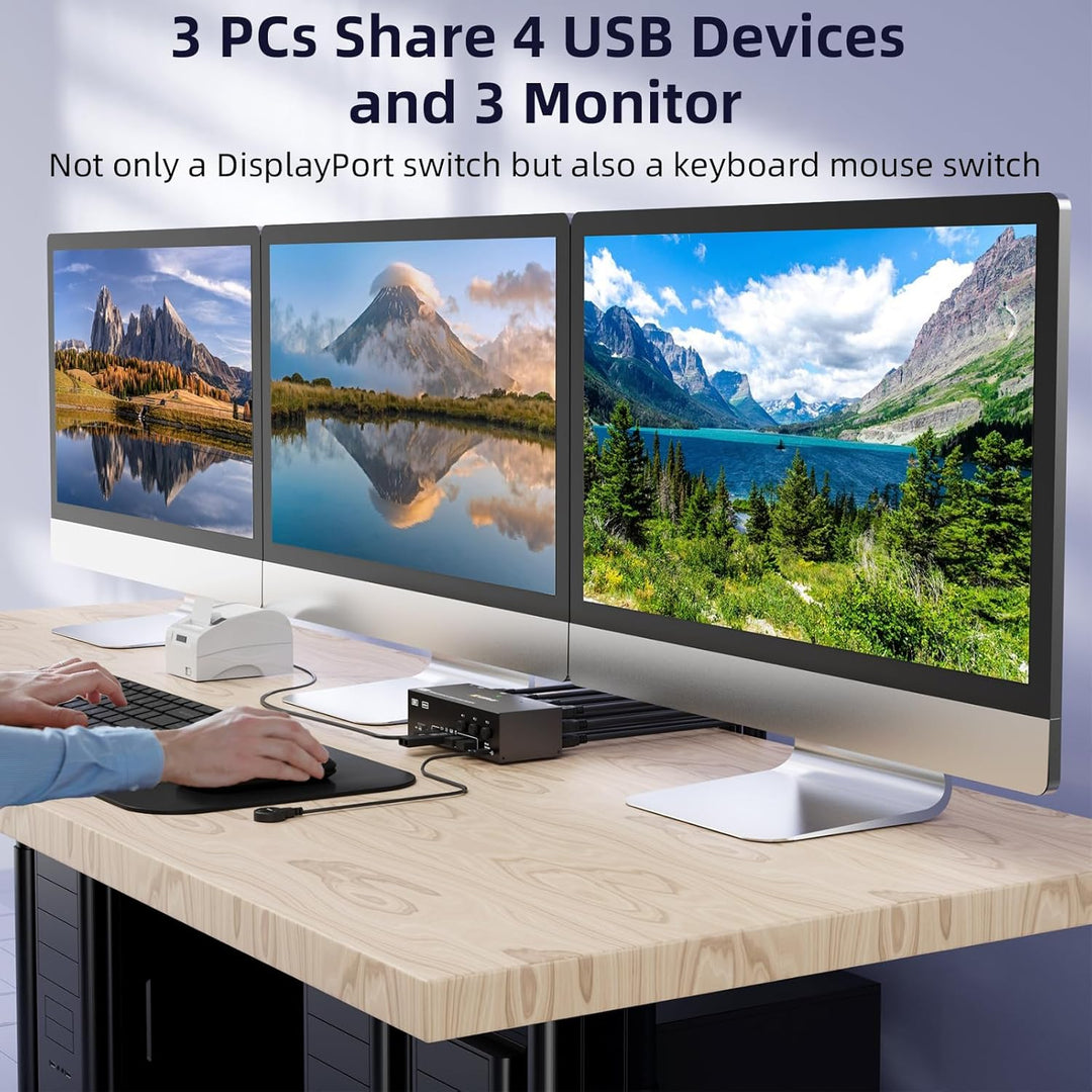 KVM Switch 3 PC 3 Monitore 8K@60Hz 4K@144Hz，Triple Monitor HDMI+2 Displayport KVM Switch 3 PC-Teilen