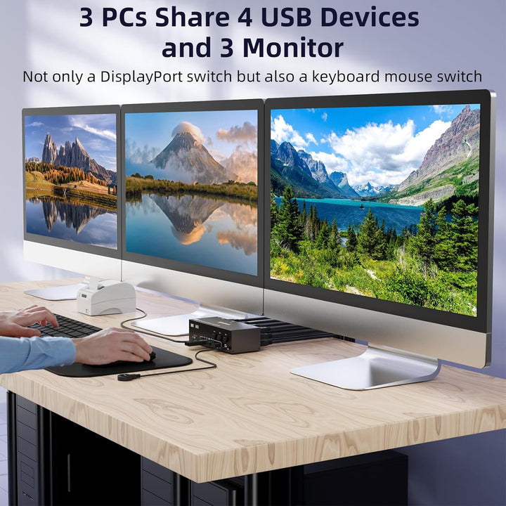 KVM Switch 3 PC 3 Monitore 8K@60Hz 4K@144Hz，Triple Monitor HDMI+2 Displayport KVM Switch 3 PC-Teilen
