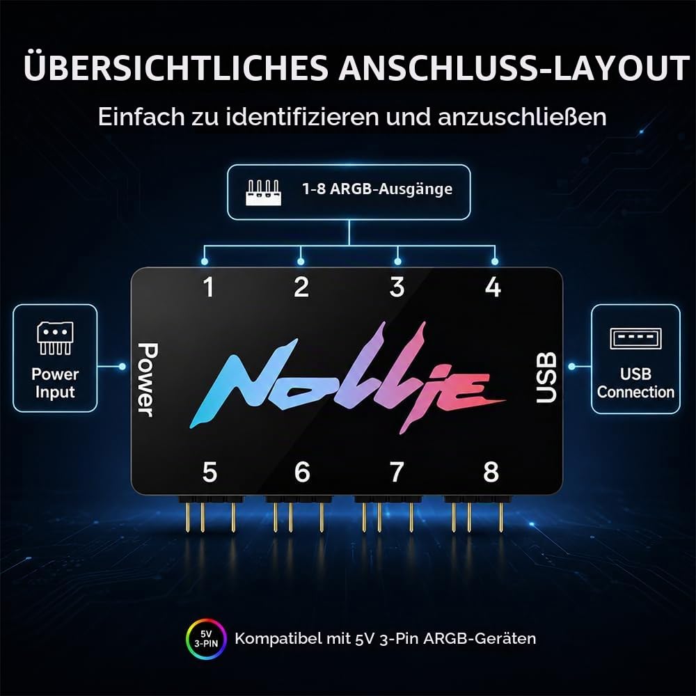 8-Port RGB Controller, ARGB Controller Sata Gespeister, 5V 3Pin ARGB Splitte, PC Beleuchtungs Hub