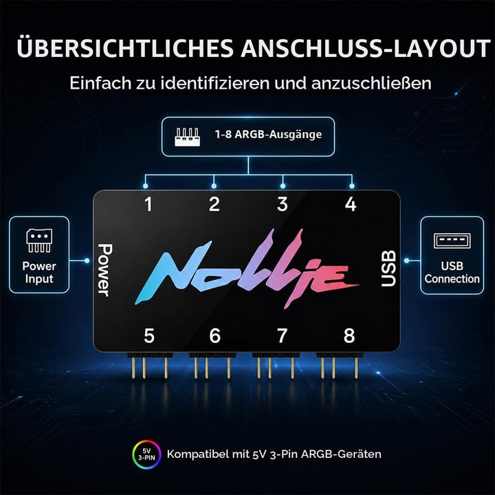 8-Port RGB Controller, ARGB Controller Sata Gespeister, 5V 3Pin ARGB Splitte, PC Beleuchtungs Hub