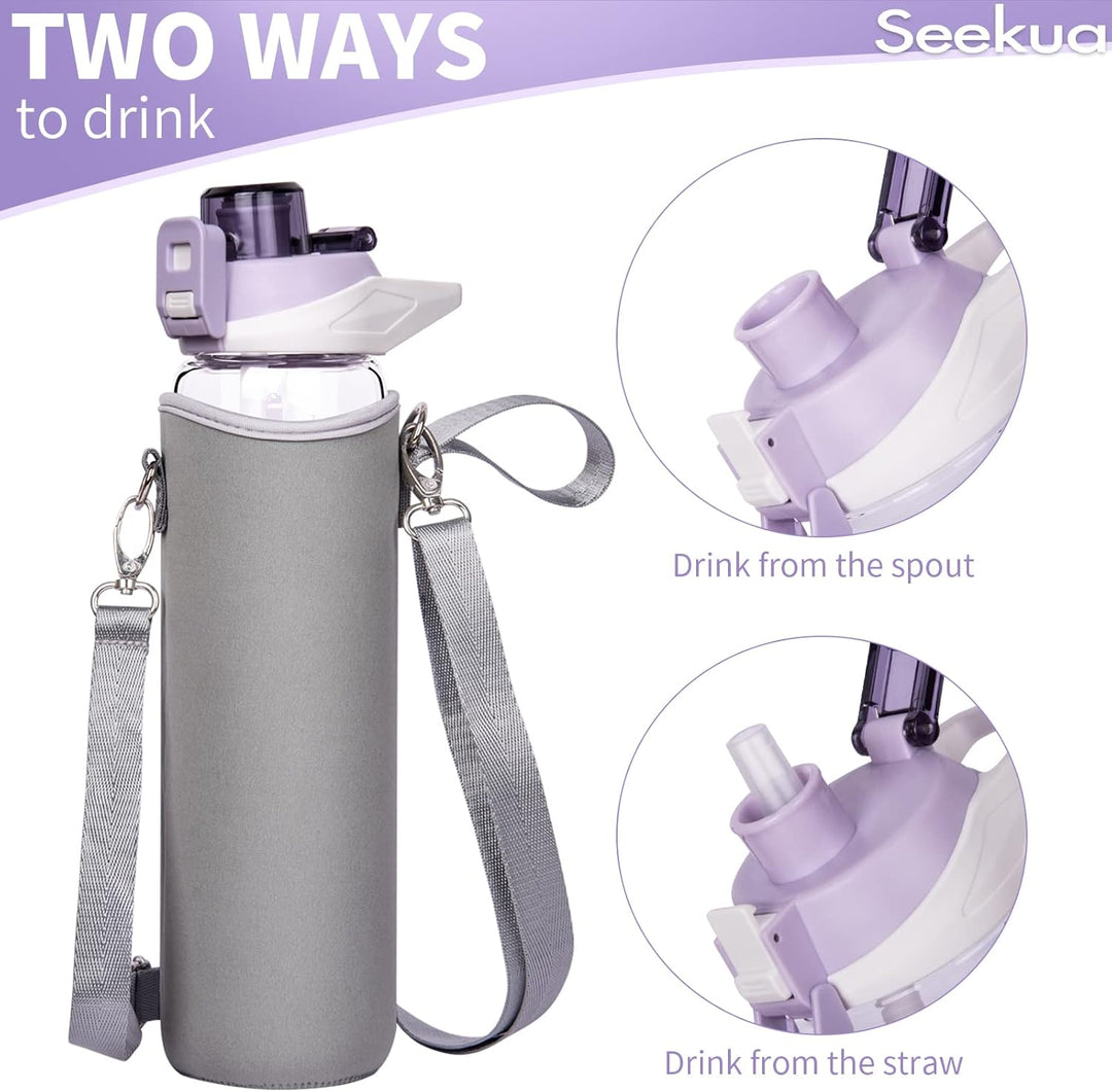Seekua 1l Sport Trinkflasche Glas Flasche mit Strohhalm & Zeitmarkierung auslaufsicher bpa frei 1 li