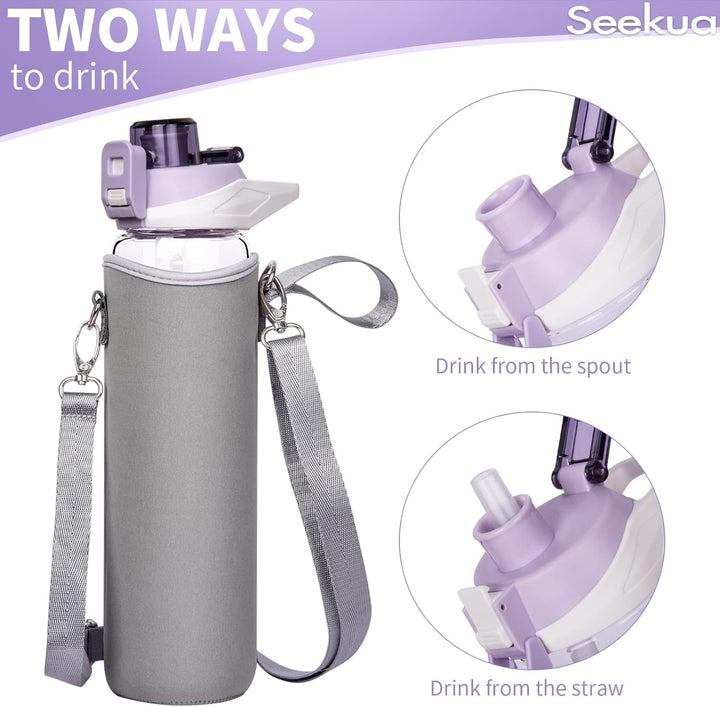 Seekua 1l Sport Trinkflasche Glas Flasche mit Strohhalm & Zeitmarkierung auslaufsicher bpa frei 1 li