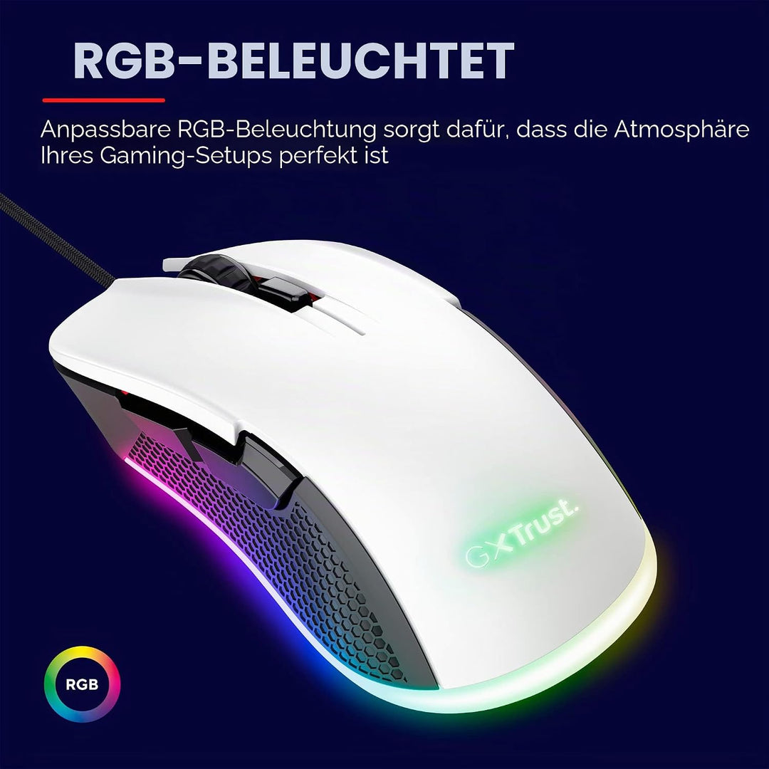 Trust Gaming GXT 922W Ybar Gaming Maus mit RGB LED-Beleuchtung, 200-7200 DPI, USB Kabel 2,1 m, Erwei