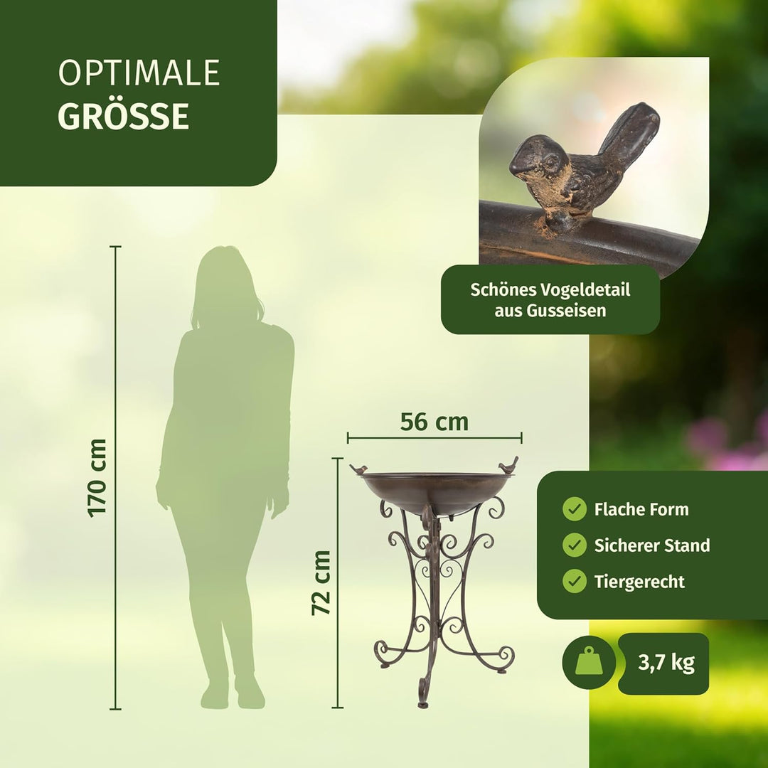 Moritz Vogeltränke XL Vogelbad braun mit kleinem Vogel auf der Wasserschale Höhe 72cm stehend Vogelb