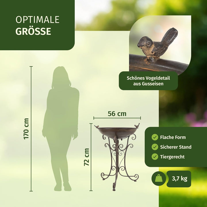 Moritz Vogeltränke XL Vogelbad braun mit kleinem Vogel auf der Wasserschale Höhe 72cm stehend Vogelb