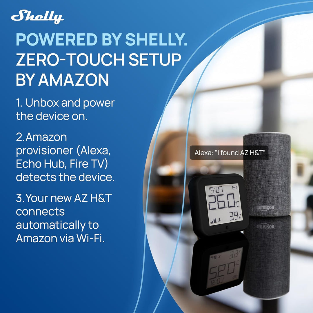 Shelly AZ H&T Schwarz, WLAN Smart Temperatur- und Feuchtigkeitssensor, Schnelle Verbindung mit Alexa