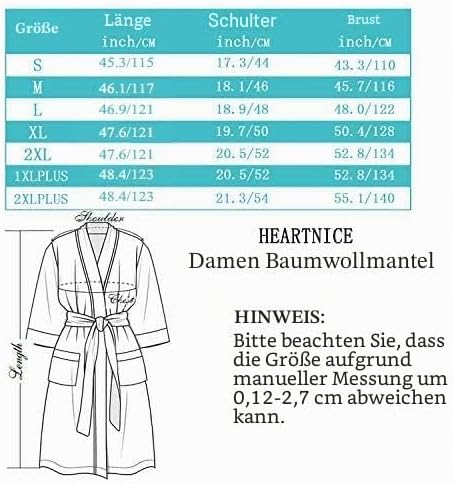 HEARTNICE Morgenmantel Damen 100% Baumwolle, Bademantel leicht Kimono Saunamantel Hausmantel lang M