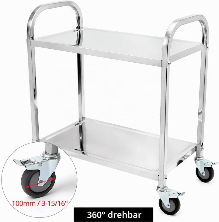 QWORK® 2-Etagen Edelstahl Servierwagen Teewagen Reinigungswagen - 75 x 40 x 83,5 cm - Leise Räder mi