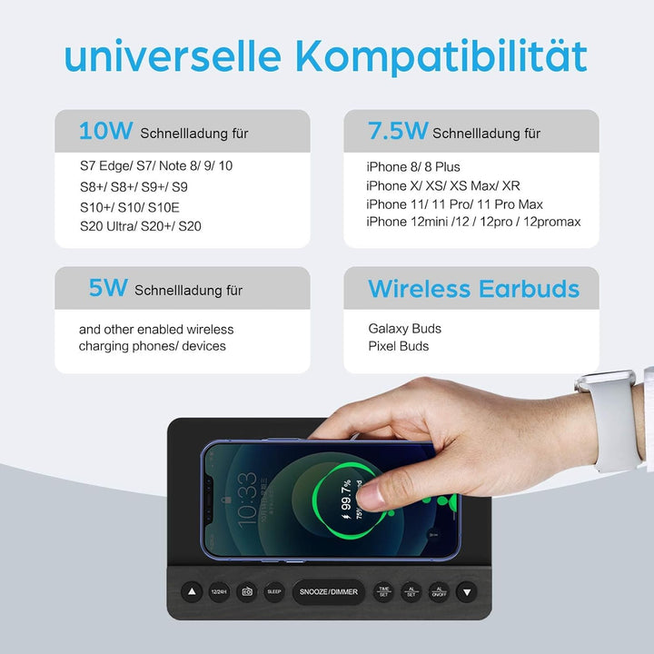 ANJANK Radio wecker Digital mit kabelloses Laden,10W Fast Wireless Charger for iPhone/Android Phone,