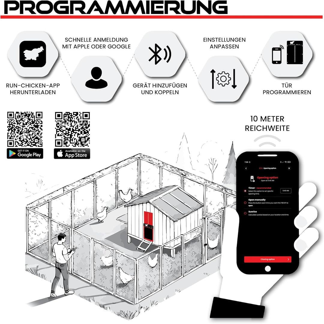 Run-Chicken Tür (rot) Solar Hühnerstall Tür, batteriebetriebene automatische Hühnerstalltür, program
