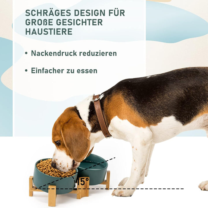 SPUNKYJUNKY Kippbarer Hundenapf Keramik Doppel Hund Futternapf mit Bambus Ständer 0° und 15° Neigung