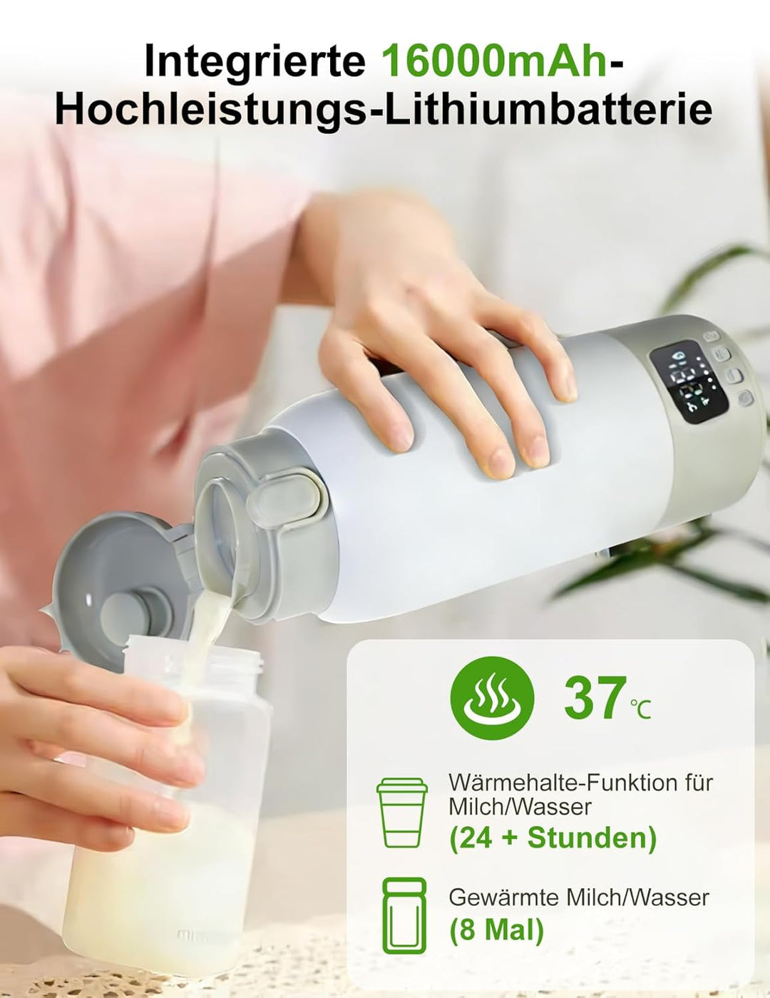 Tragbarer Flaschenwärmer Baby für unterwegs, 500ml Babyflaschenwärmer 35-70 °C Schnellaufheizung Mut