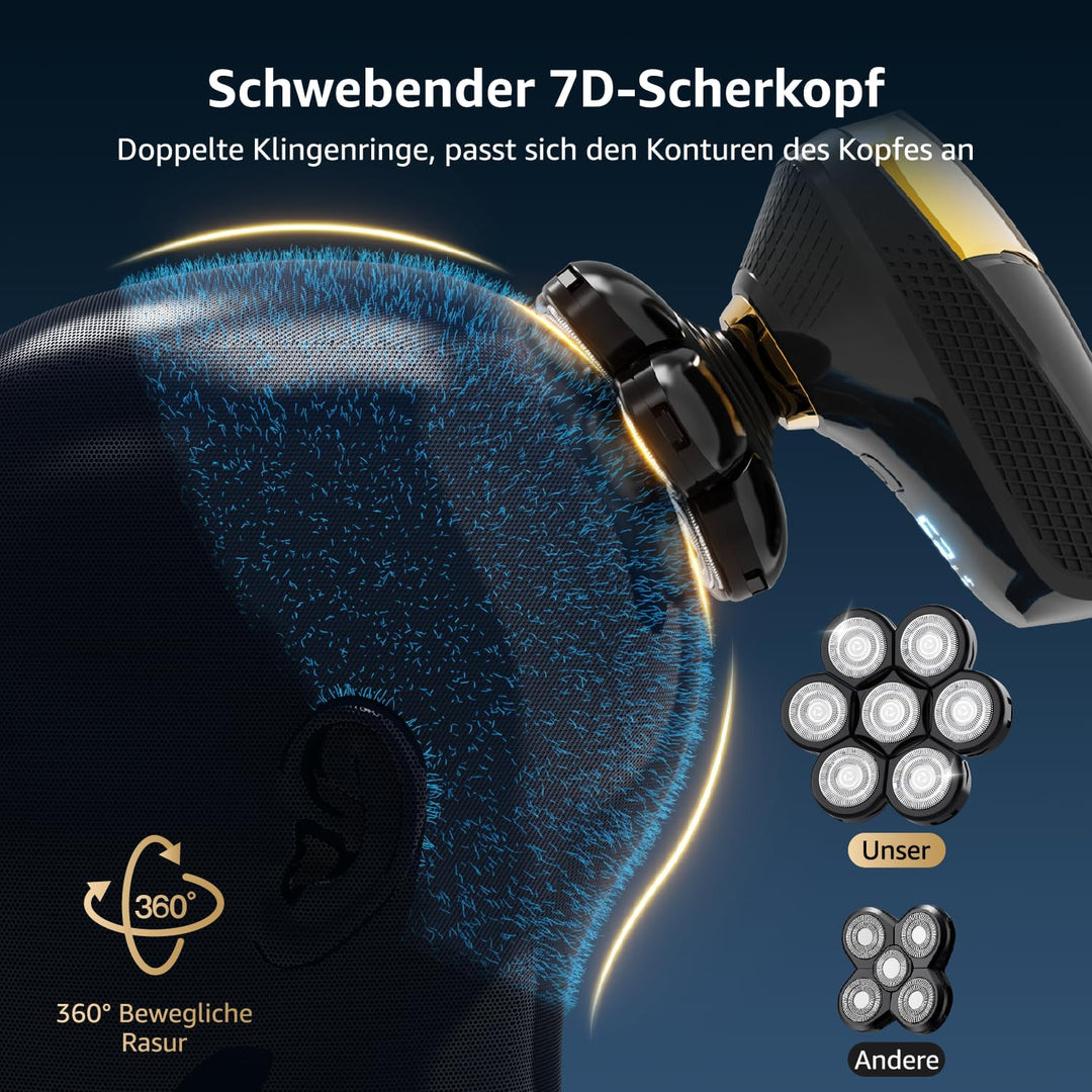 Glatzen- Rasierer Herren elektrisch, 7D Kopfrasierer Glatze mit 5-in-1-Pflegeset, LED-Anzeige, Wiede