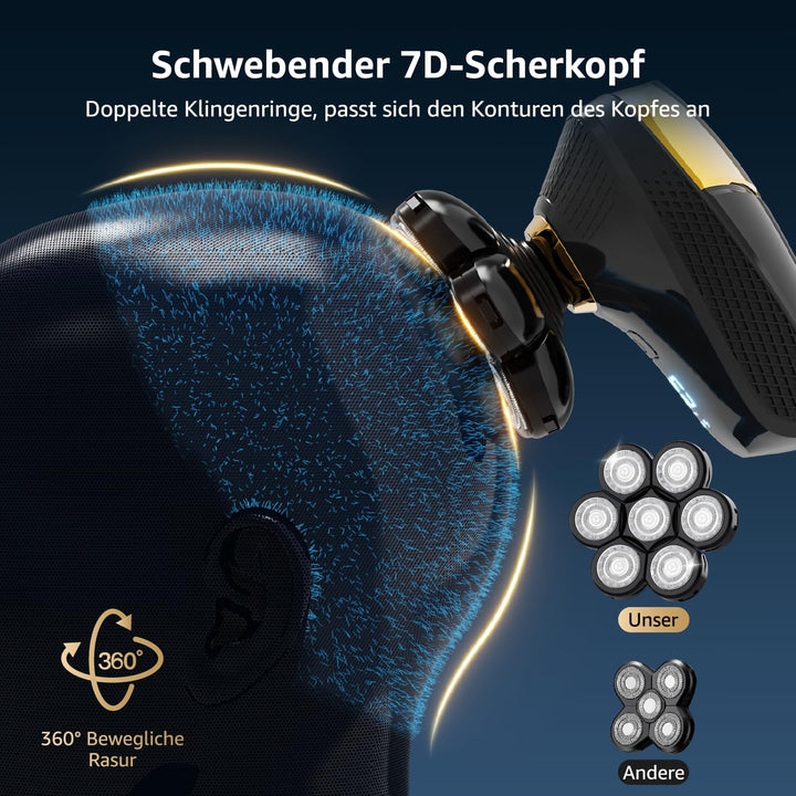 Glatzen- Rasierer Herren elektrisch, 7D Kopfrasierer Glatze mit 5-in-1-Pflegeset, LED-Anzeige, Wiede