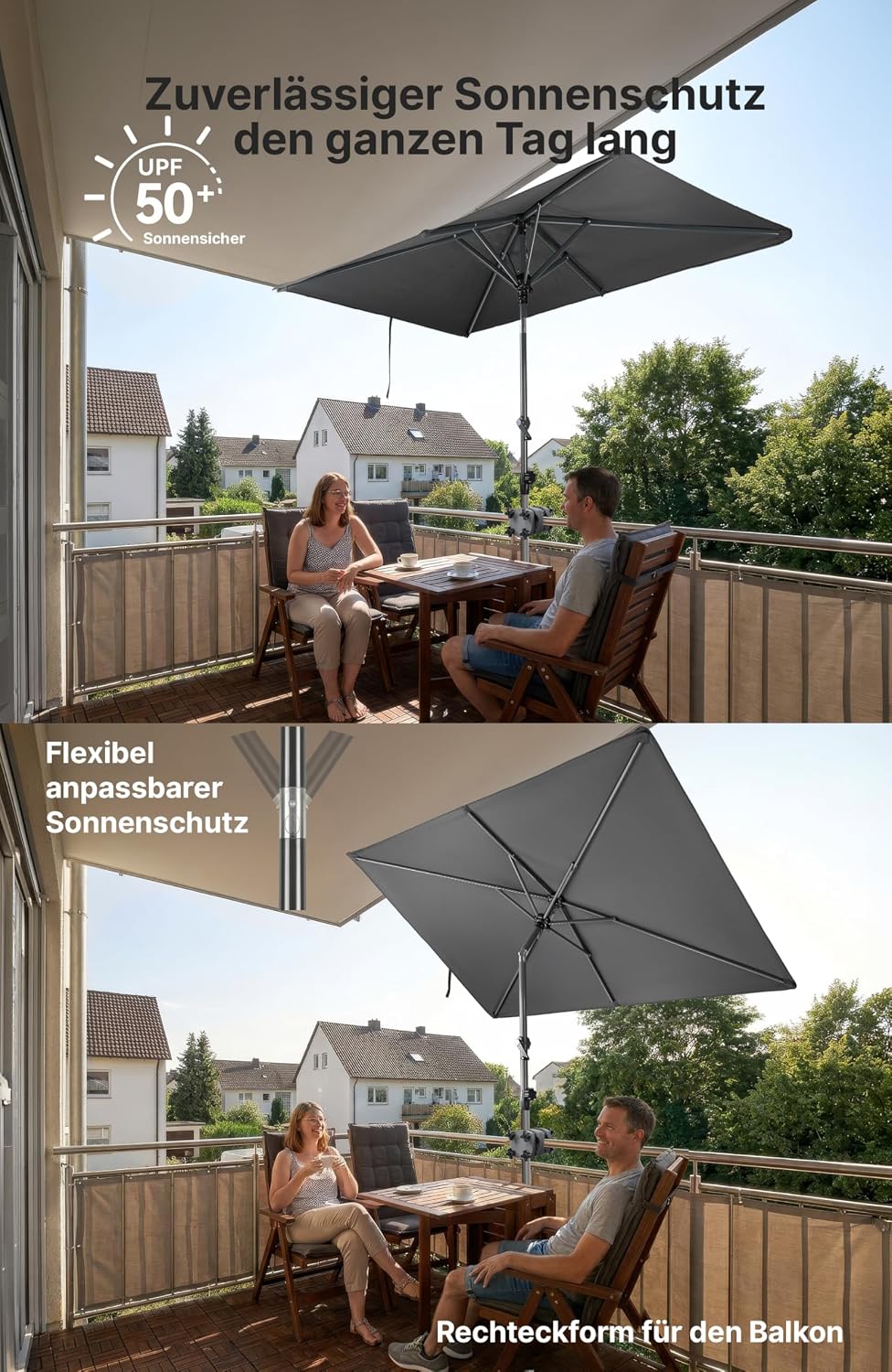 4smile SunnyShade Sonnenschirm Balkon mit Halterung im 3-er-Set, UV 50+, 210x140 cm, Anthrazit, Sonn