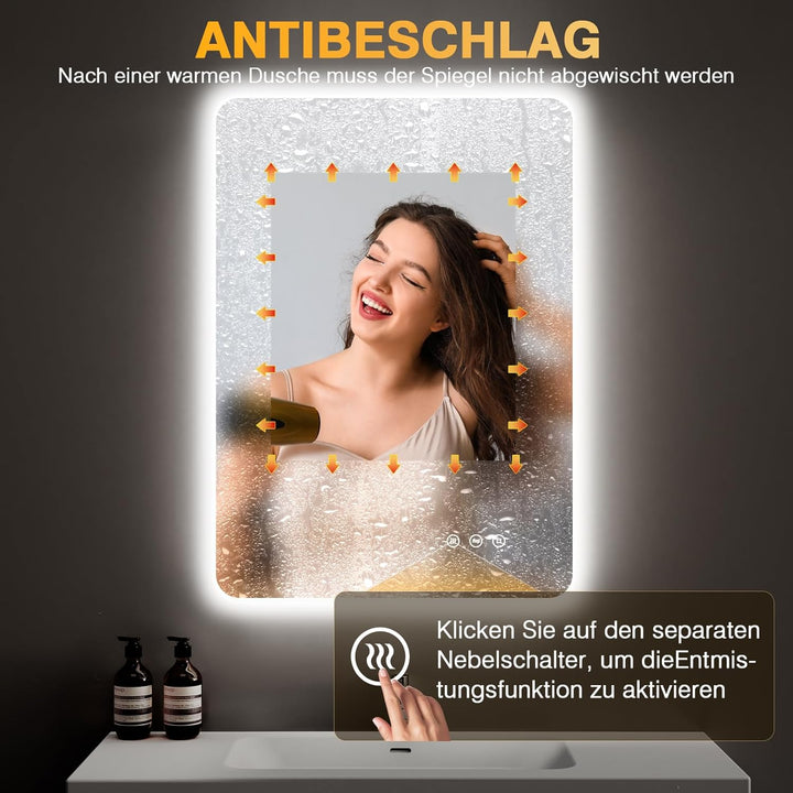 Badspiegel mit Beleuchtung, Led Spiegel Bad mit Licht, Antibeschlag, 3 Lichtfarben, Dimmbar, Speiche